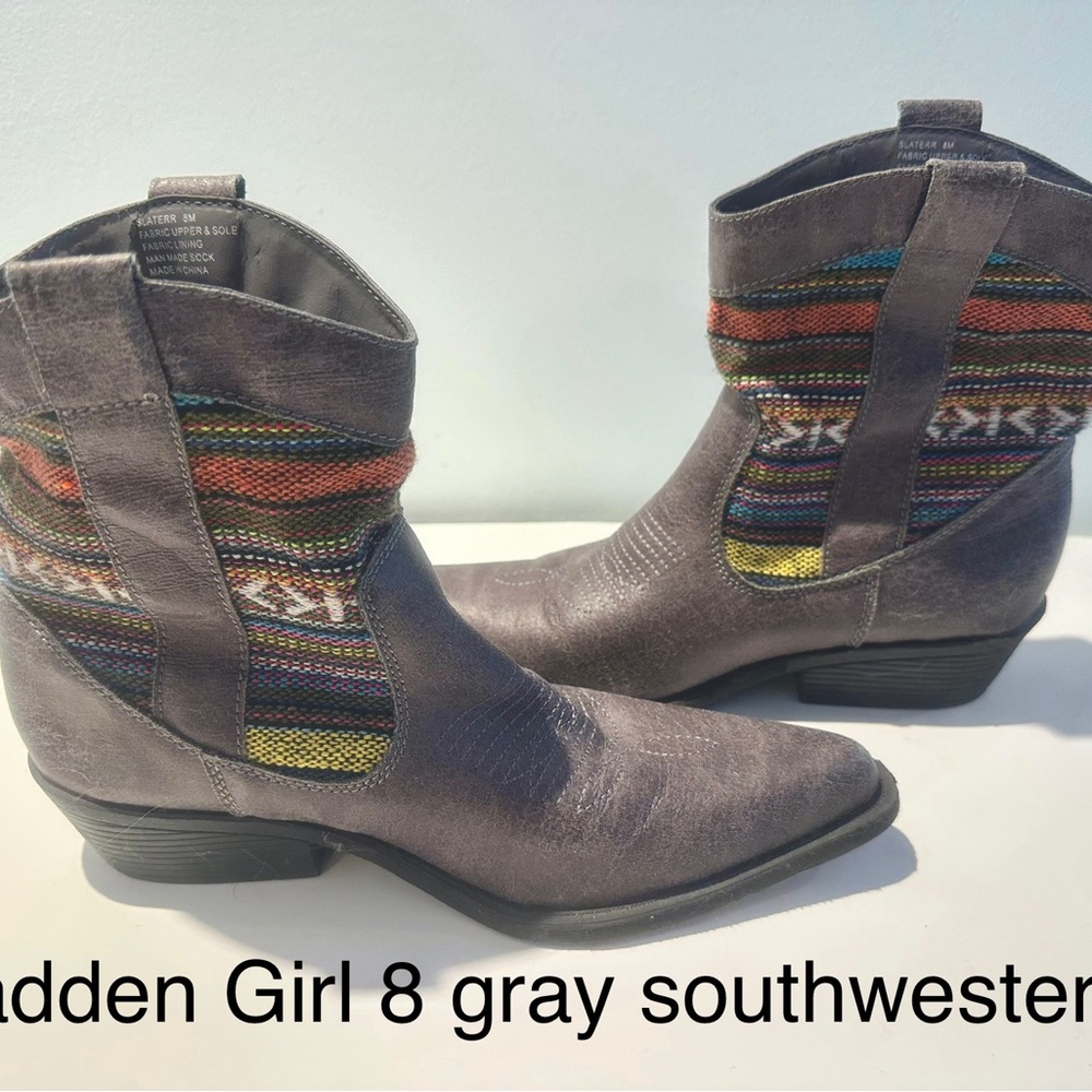 Madden Girl Southwestern Ankle Cowboy  Boots . Tapestry accents. Size 8. Gray